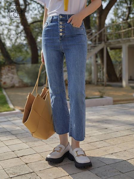 Jeans da donna ZIQIAO giapponese leggero a vita alta corto termoretraibile Office Lady multi-bottone in cotone elasticizzato denim blu pantaloni alla caviglia