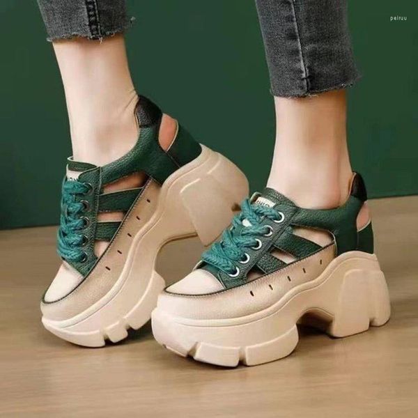 Kleid Schuhe Frauen Grün Chunky Sneakers Sandalen Sommer Dicke Unterseite Spitze Up Frau Mode Plattform PU Leder Sport Roman