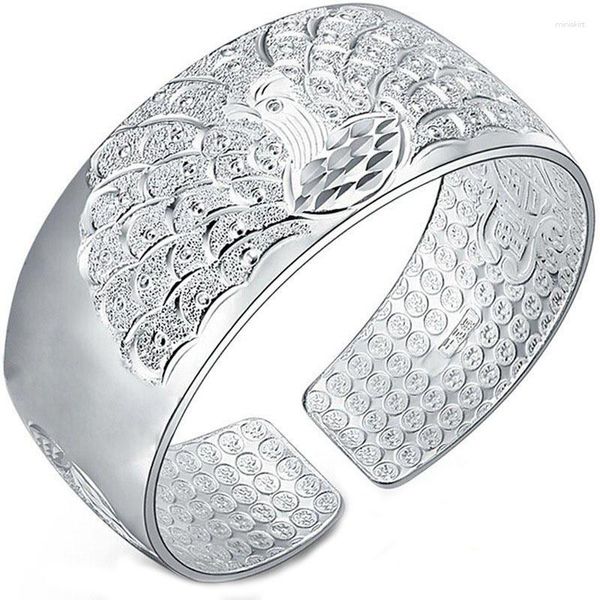 Pulseira auspiciosa pulseira tela aberta esculpir flor prata esterlina bngle ssilver s999 pavão lótus