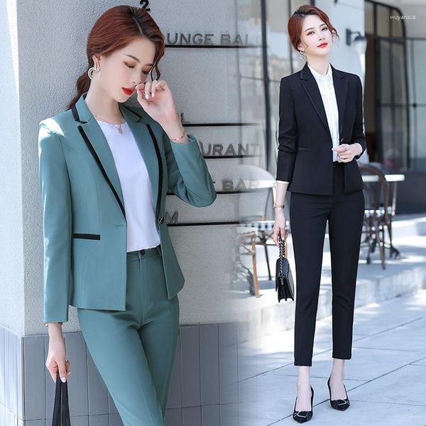 Calças femininas de duas peças terno estilo coreano traje de negócios outono e inverno 2023 moda elegante fino ajuste pequeno duas peças formal wear