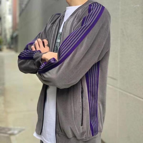 Jaquetas masculinas 2023ss moda coreana fita de veludo listrado bordado hiphop harajuku estádio camisola elegante conjunto casacos