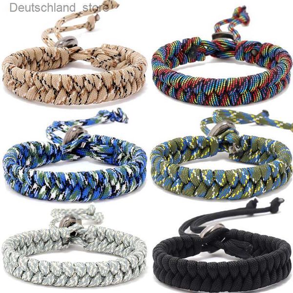 Charm-Armbänder Outdoor Sportliches Fallschirmschnur-Überlebensarmband für Männer Frauen Handgefertigtes Seil geflochtenes Armband Camouflage gewebtes Armband Schmuck Q230925