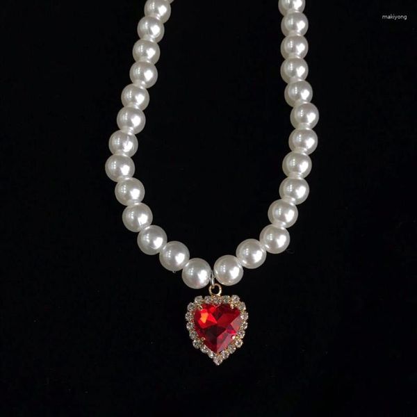 Catene Collana a forma di cuore Girocollo con ciondolo di rubini scintillanti unici Fili di perle alla moda per gioielli da donna