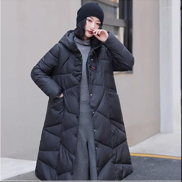 Trench da donna 2023 stile cinese giacca allentata da donna moda invernale monopetto cappotto retrò lungo con cappuccio sottile in cotone femminile