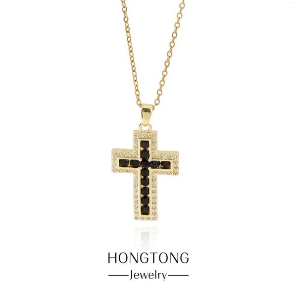 Colares de pingente Hongtong preto e branco clássico zircão cruz estátua colar de aço inoxidável luz luxo simples igreja presentes de oração