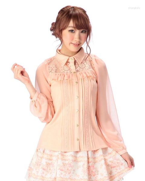 Blusas femininas vendas japão liz lisa chiffon manga blusa organza bordado rendas camisas de malha