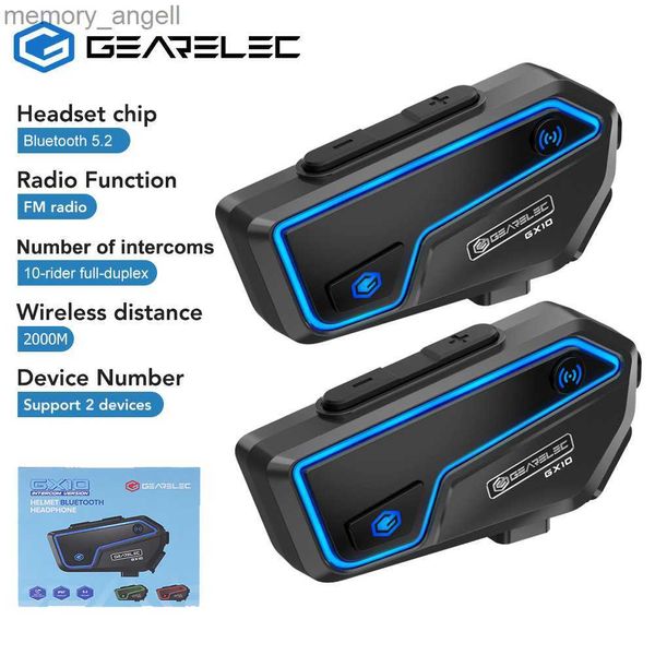 Walkie Talkie Gearlec Gx10 Motorcycle Intercom Capacete Bluetooth Headset 10 Riders 2 km sem fio BT Motorbike Interphone FM Compartilhamento HKD230925