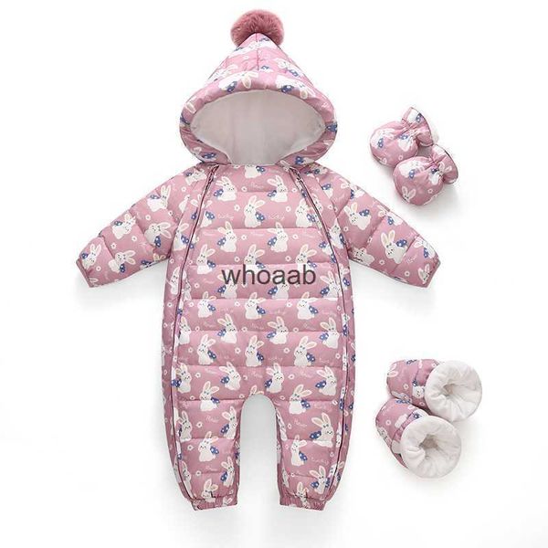 Para baixo casaco bebê engrossado jaqueta coelho rosa roxo roupas de uma peça meninos meninas crianças abraçando rastejando terno recém-nascido inverno yq230927