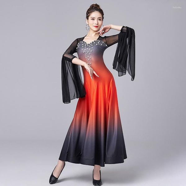Сценическая одежда с жемчугом, платье для соревнований по бальным танцам, женская элегантная одежда для вальса, костюм для танго с сетчатыми рукавами DL10612