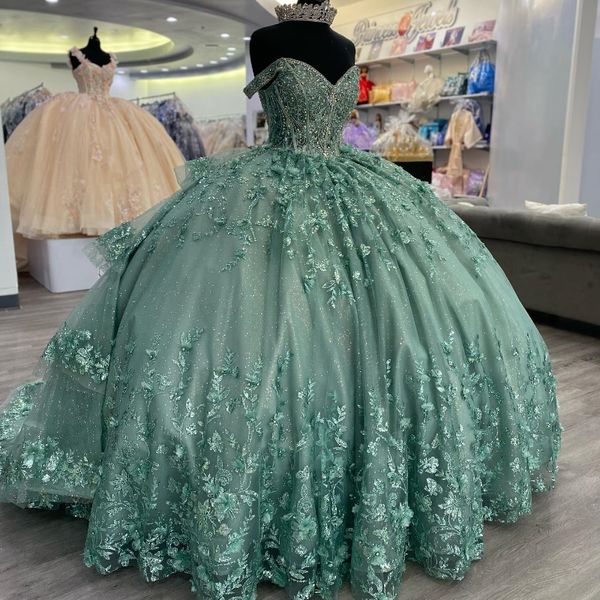 Mintgrüne Quinceanera-Kleider, Prinzessin, süße 16-jährige Mädchen-Geburtstagsparty-Kleider mit Applikationen, Spitze und Perlen, Vestidos De 15 Quinceanera