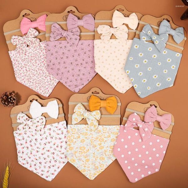 Acessórios de cabelo 3 Pçs / set Bebê Bib Musselina Algodão Bow Headband Set Botão Ajustável Triângulo Saliva Toalha Imprimir Infantil Menina Alimentação Burp