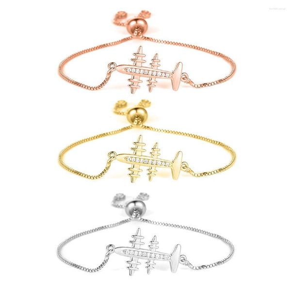 Braccialetti con ciondoli Bracciale aeroplano in ottone cristallo zirconi cubici Bracciale donna in rame placcato oro CZ Pietra Aereo Catena regolabile Regalo di gioielli