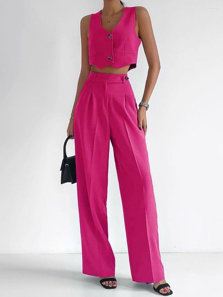 Zweiteilige Damenhose, Clothland Damen-Stilvoller Baumwoll-Leinen-Anzug mit V-Ausschnitt, ärmelloses Crop-Top, Weste, lange Hose, rosa-grünes Set