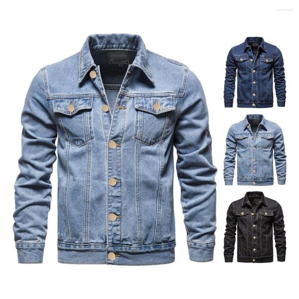 Jaquetas masculinas Algodão Misturado Tecido Homens Jaqueta Botão Fechamento Moda Denim Slim Fit Lapela Estilo para Motocicleta