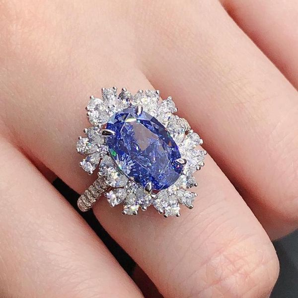 Anelli a grappolo Splendido anello di fidanzamento con diamante blu zaffiro taglio ovale da 4,5 ct, oro bianco massiccio 18 carati 750 per lei 200r