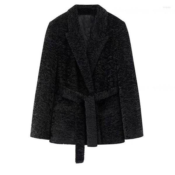 Giacche da donna 23Autunno Inverno Cappotto in pile dal taglio nero Moda Abito classico Colletto Cintura in vita Giacca dimagrante Abbigliamento semplice ed elegante