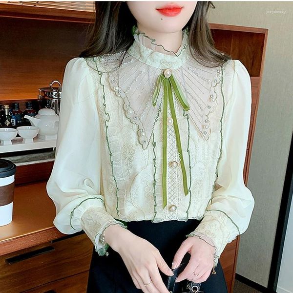 Frauen Blusen Herbst Koreanische Chic Bogen Perlen Chiffon Bluse Arbeit Casual Tops Einfache Spitze Stickerei Vintage Shirt