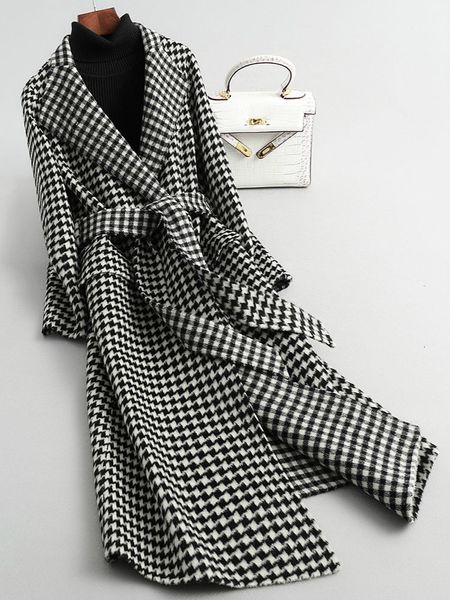 Cappotto da donna vintage Cappotto da donna alla moda Cintura pied de poule lungo sopra il ginocchio Tartan Autunno Inverno Cappotti e giacca 230925