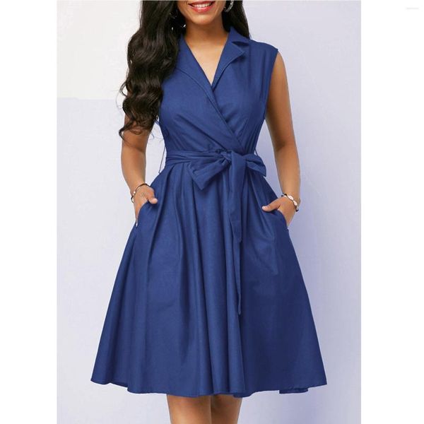 Arco elegante vestidos de festa para mulheres senhora do escritório mulher bolso saias camisa polo luxo sem mangas vestido de verão feminino curto