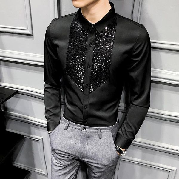 Camicie casual da uomo Paillettes Tuxedo Uomo Manica lunga Camisa Masculina 2024 Nero Bianco Abito slim fit Streetwear Social Top