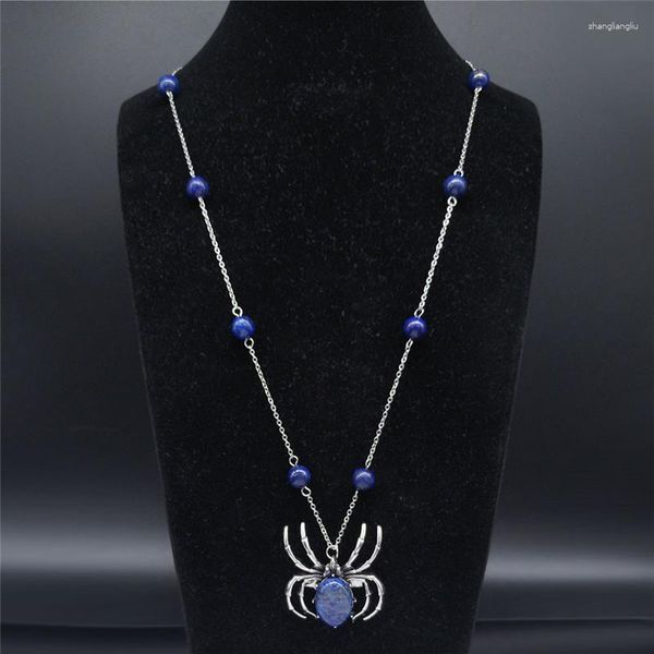 Anhänger Halsketten Spinne Naturstein Edelstahl Perlen Anhänger Frauen Blaue Farbe Lange Aussage Halskette Schmuck Cadena NF10S04