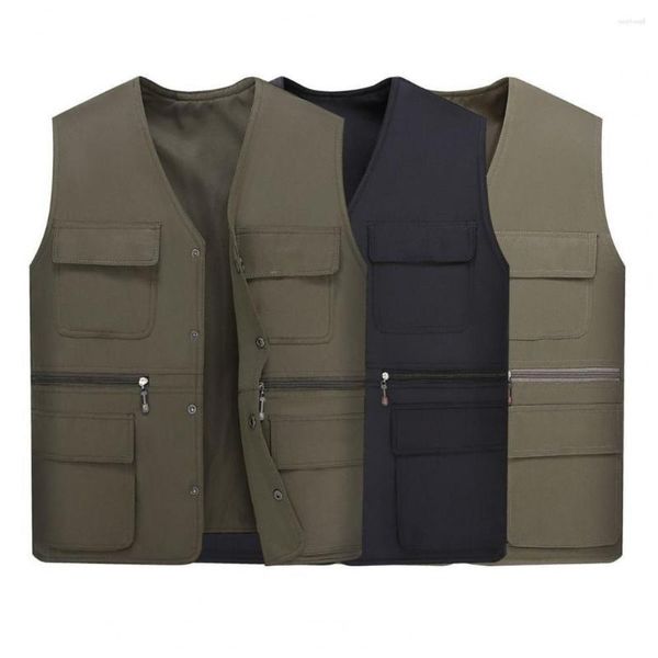 Gilet da uomo Gilet Pograph Tasche multiple Vestirsi Gilet da lavoro monopetto in puro colore autunno inverno