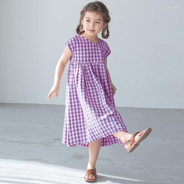 Vestidos de menina francês com decote em v meninas lavanda roxo vestido xadrez verão bebê manga curta casual solto estilo pastoral férias