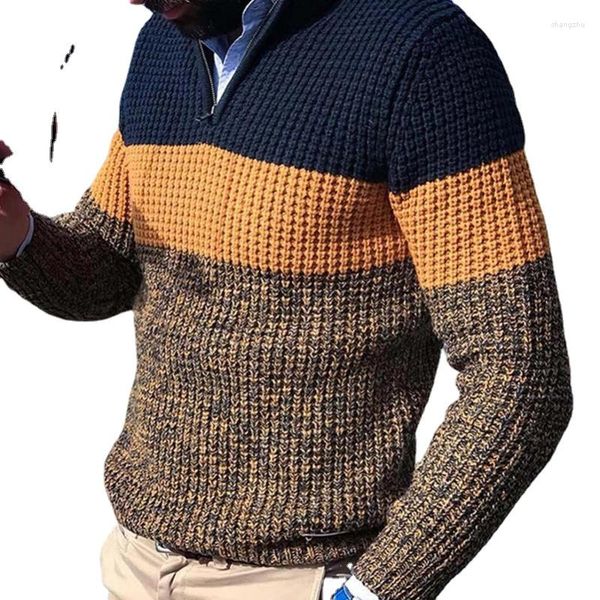 Мужские свитера, осенне-зимний пуловер, хлопковый Повседневный свитер на молнии, маленькая водолазка с длинным рукавом, v-образным вырезом, вязаный с цветными блоками