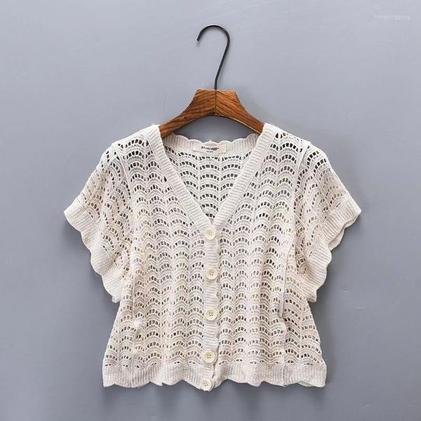 Mulheres camisetas Oumea Mulheres Crochet Knit Crop Cardigans Camisola Manga Curta V Pescoço Algodão Botão Frente Tops Verão Praia Casual Bonito