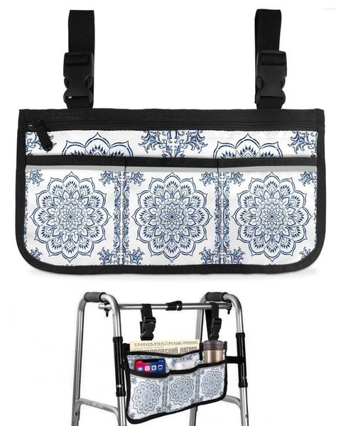 Sacos de armazenamento Mandala Padrão Retro Azul Bolsa de Cadeira de Rodas com Bolsos Apoio de Braço Lateral Scooter Elétrico Andando Bolsa