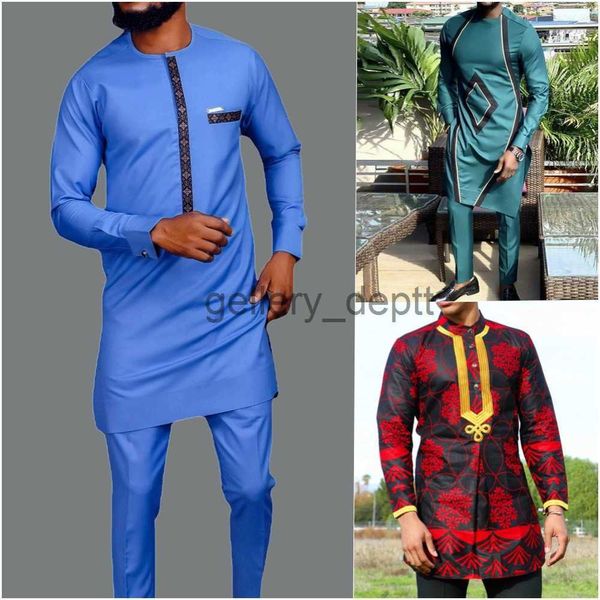 Fatos masculinos desgaste africano para ternos masculinos cor sólida camisas simples e calças 2pcs conjuntos roupa moda casual casamento j230925