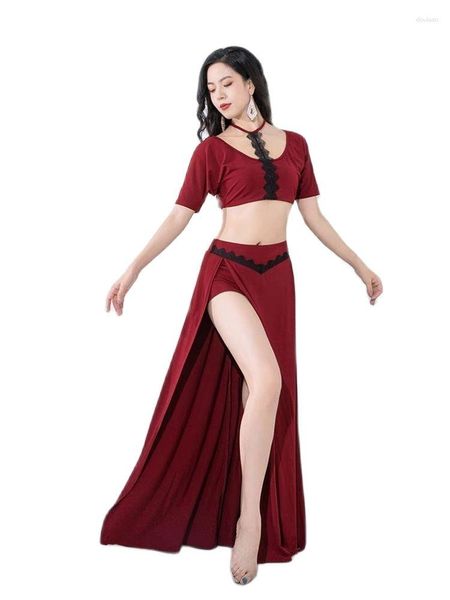 Stage Wear Adulto Belly Dance Prática Terno Mulheres 2023 Sexy Lace Pendurado Pescoço Solto Bat Manga Top e Saia 2 Pcs Set