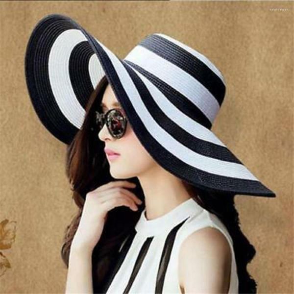 Cappelli a tesa larga Cappello di paglia pieghevole alla moda da donna Drop!! Stripe Floppy Summer Beach Sun C