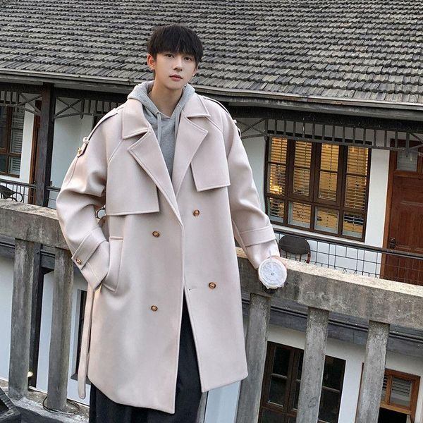 Trench da uomo Autunno Inverno Cappotto di lana di media lunghezza Moda personalizzato Causale Allentato High Street Bello da lavoro Giacca a vento