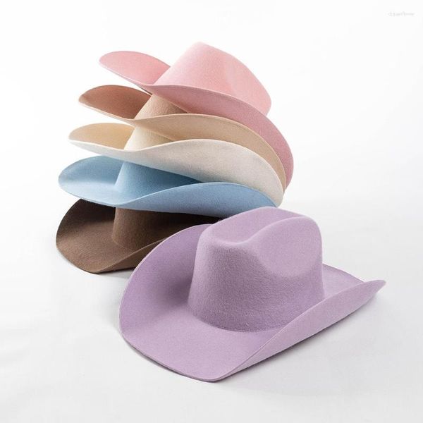 Berretti di lana cappello da cowboy occidentale donna uomo autunno inverno casual feltro cowgirl parasole per esterno caldo forma concava cappelli stile Fedora e borsalino