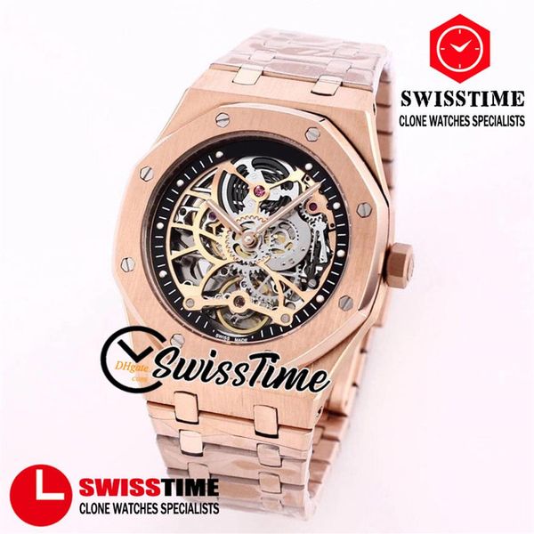 41mm 26518 A2813 Relógio automático masculino esqueleto tourbillon mostrador preto interno rosa caixa de ouro pulseira relógios esportivos em 28800vpt Swiss214F