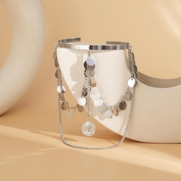 Bracciale vintage multistrato con nappa pendente bracciale superiore polsino braccialetti aperti per gioielli da donna con bracciale a catena lunga