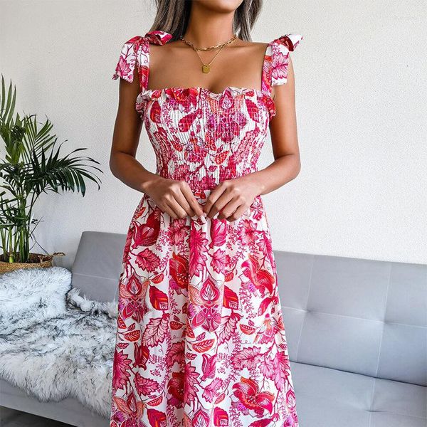 Casual Kleider Wepbel Off-Neck Plissee Taille Enge Elegante Kleid Sommer Floral Frauen Spaghetti Strap Nette Big Swing Maxi Camis