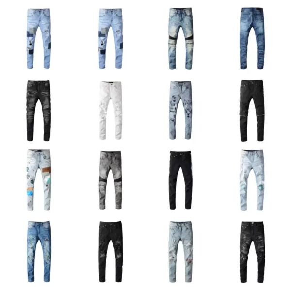 2022 Designer Mens Jeans Hip-Hop Moda Zipper Buraco Lavagem Jeans Calças Retro Rasgado Dobra Costura Homens Design Motocicleta Equitação Cool Slim Calça Jeans Roxo para Mulheres 28-4