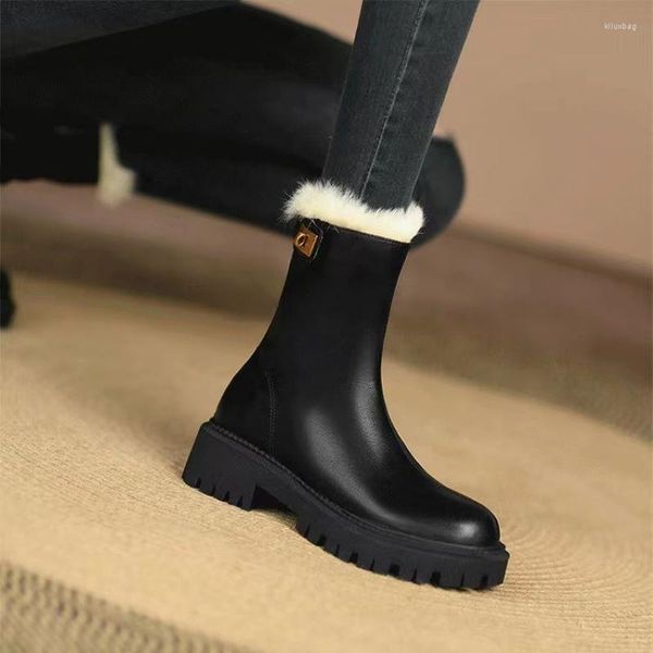 Bot 2023 kadın moda fermuarları ayak bileği bayan kış yumuşak deri sıcak patik 35-41 kare alçak topuklu ayakkabılar