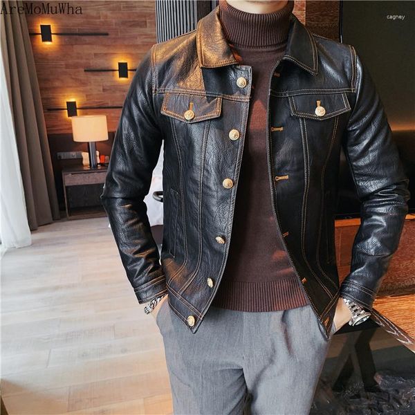 Мужская меховая искусственная кожа, осенне-зимняя корейская версия, тонкая однобортная мотоциклетная куртка с лацканами, универсальная мужская британская куртка