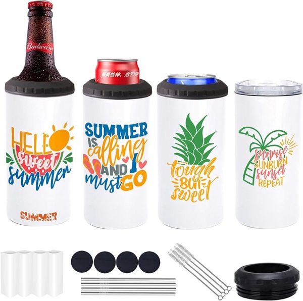 16oz Sublimation Blank Tumblers Skinny 4 in 1 Dosenkühler mit 2 Deckeln Doppelwandige isolierte Bierflaschenkühler aus Edelstahl Schlanker Dosenhalter für Getränke