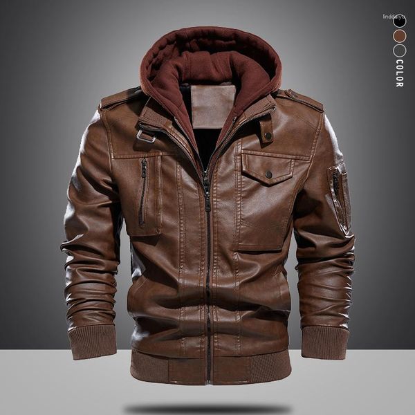 Jaqueta de couro masculina de inverno, jaqueta de couro tamanho eua, com capuz, motocicleta, vintage, casual, roupa de marca, roupa externa bst23
