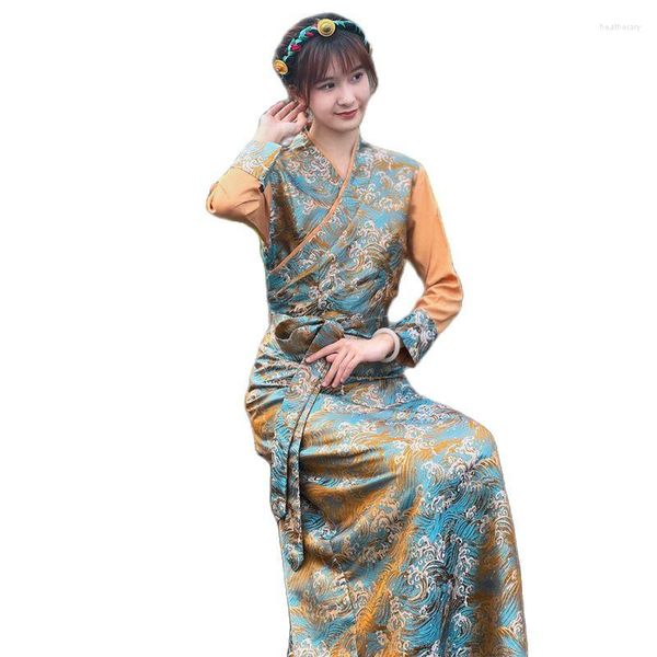 Roupas étnicas Verão Elegante Traje Asiático Vestido Tibetano para Mulheres Manga Longa Tradicional Oriental Senhoras Vestido