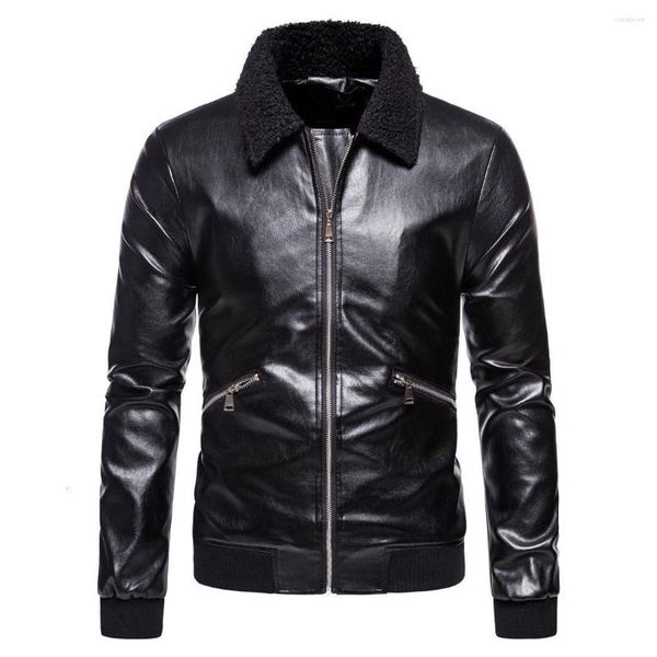 Jaqueta de couro pu de pele masculina, casaco de lapela simples, quente, roupas masculinas com zíper, design à prova de vento, jaquetas de motocicleta de inverno