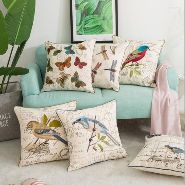 Kissen im Landhausstil, Leinenmaterial, Blumen- und Vogelstickerei, Dekorationshülle, helle Farbe für Sofa-Sitzbezug