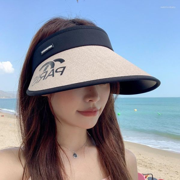 Berets 2023 estilo coreano chapéu feminino c carta palha tecido ar top proteção solar viagem férias verão