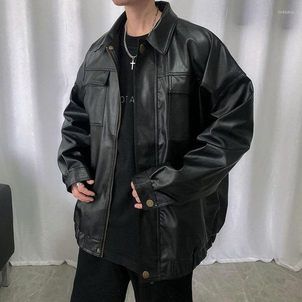 Мужская меховая куртка из искусственной кожи с короткими лацканами, свободные ветрозащитные мотоциклетные куртки с несколькими карманами, повседневная тонкая/плюс, бархатная теплая одежда