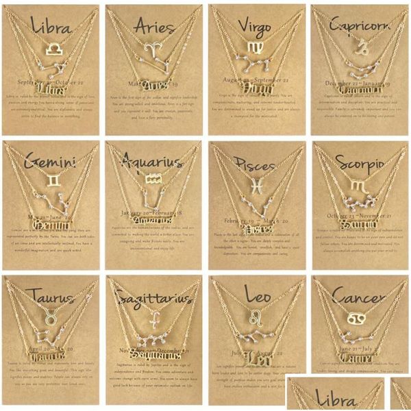 Collares colgantes 3 unids / set Cartón Estrella Signo del zodiaco 12 Constelación Encanto Collar de oro Aries Cáncer Leo Escorpio Joyería Regalos Drop Dhqn4