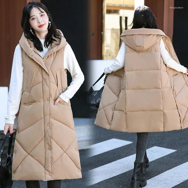 Damenwesten 2023 Herbst Winter Koreanische Kapuze Ärmellos Daunen Baumwollweste Frauen Lange Lose Lässige Warme Weste Weibliche Parkas Jacke Tops